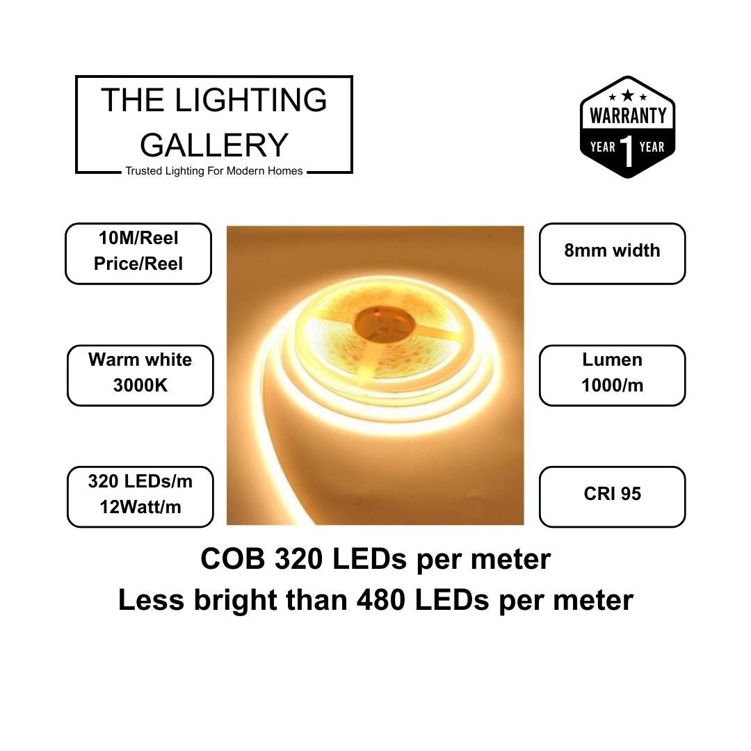 COB LED Strip 8mm – Dotless 24V CRI95+ Lighting (10m Reel) - THE LIGHTING GALLERY