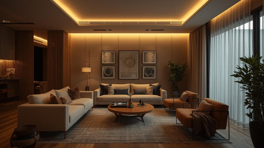 Living room with warm white cove