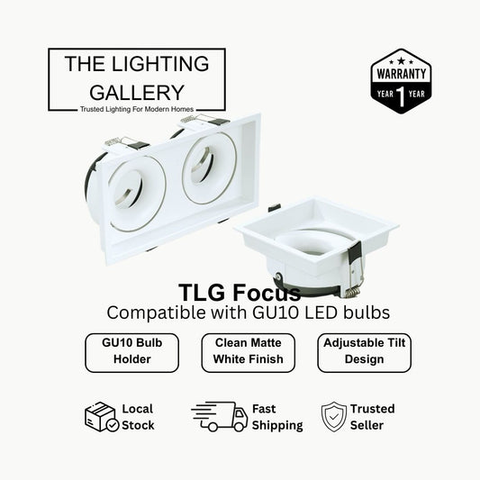 Light fixture with GU10 LED bulb compatibility on a white background, featuring 'The Lighting Gallery' branding.